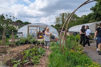 A lady stands in front of a polytunnel, in the centre of a vegetable patch, watering the plants with a yellow hosepipe.