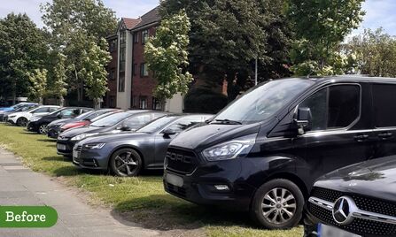At least nine vehicles, including cars and vans, parked side by side on a grassy verge on Stretford Road