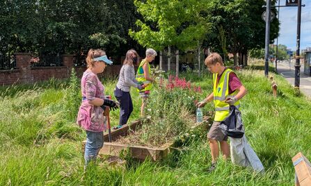 A group of volunteers working on a raised bed