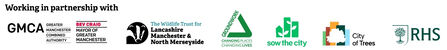 GMET Partnerships Banner, demonstrating our partnership with Greater Manchester Combined Authority, Lancashire Wildlife Trust, Groundwork, Sow the City, City of Trees and the Royal Horticultural Society.